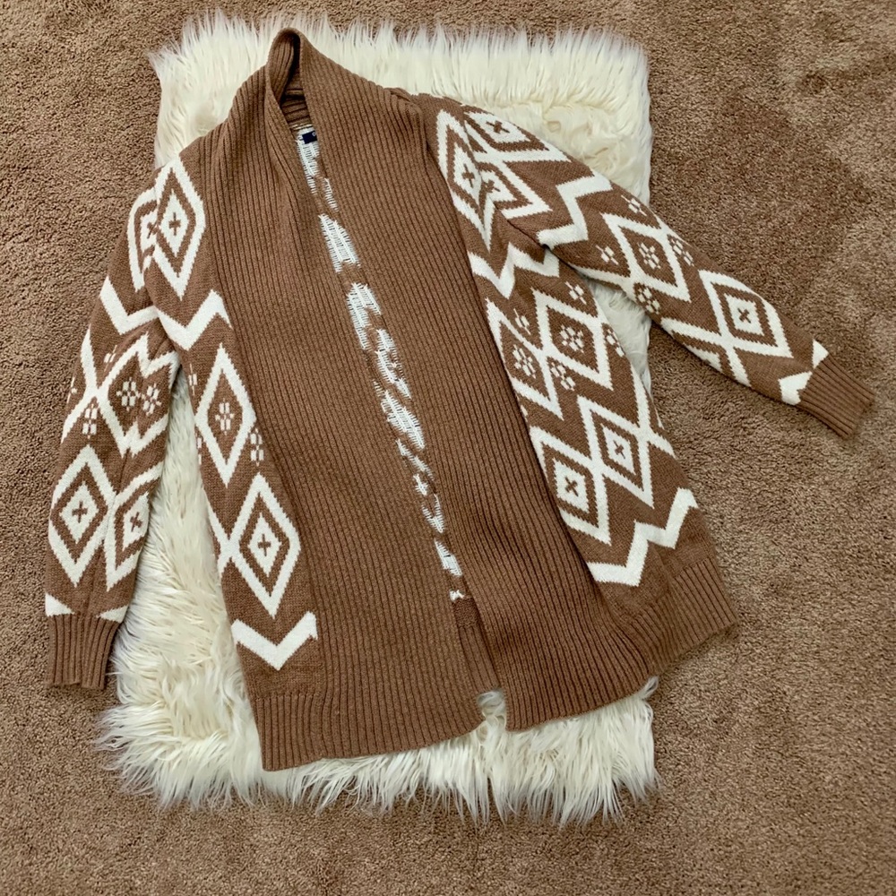 Old Navy Brown and White Open Cardigan